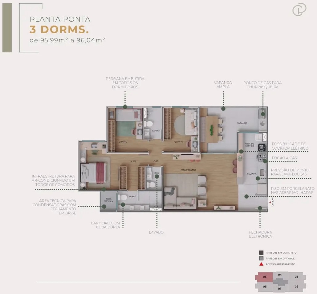 Planta do apartamento tipo de 96 m² do Casa Prado