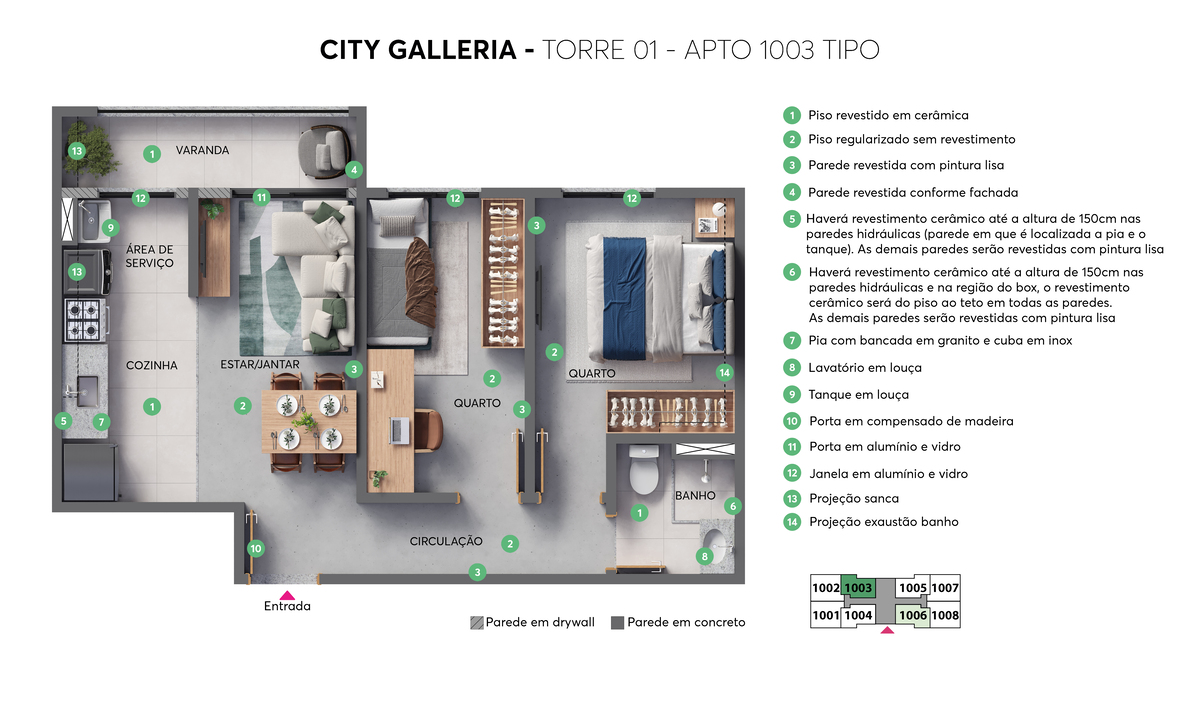 planta meio e bolotário c/ benefícios do apartamento 1004 da torre 1 do city galleria
