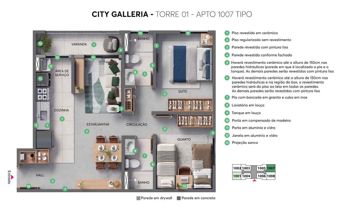 planta ponta e bolotário c/ benefícios do apartamento 1007 da torre 1 do city galleria