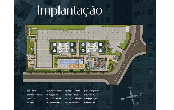 Implantação do Residencial San Pietro com área de lazer completa