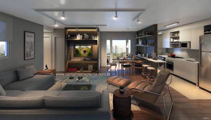 Perspectiva ilustrada do living ampliado do apartamento tipo de 71m²