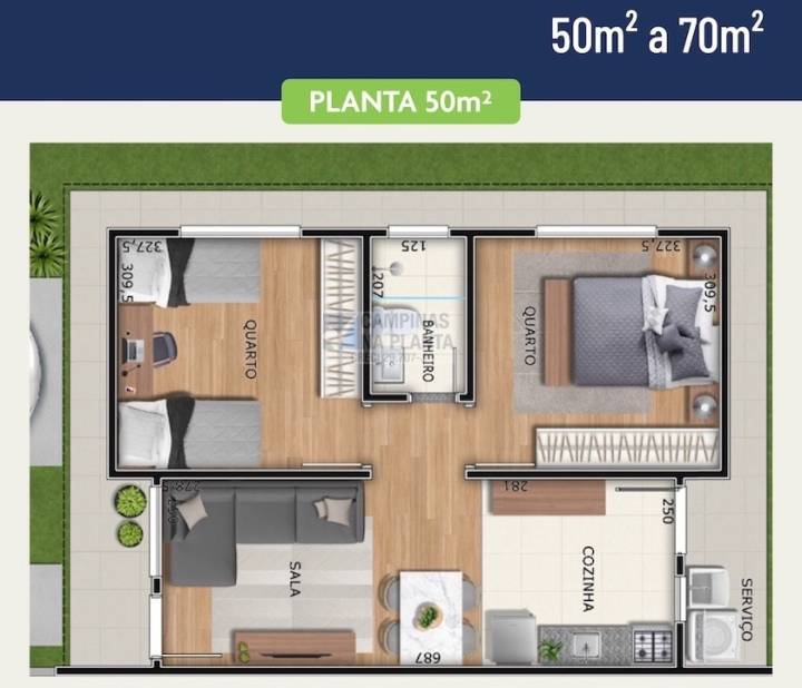 planta de 50m² a 70m² 2 quartos