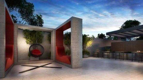 Perspectiva ilsutrada área de descanso do Max Haus Cmabui na R. Alecrins