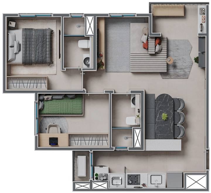 Planta de 60m² com conceito super living no Residencial San Pietro