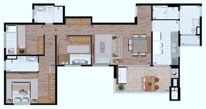 Planta de 108m2 com cozinha fechada Art Vitta