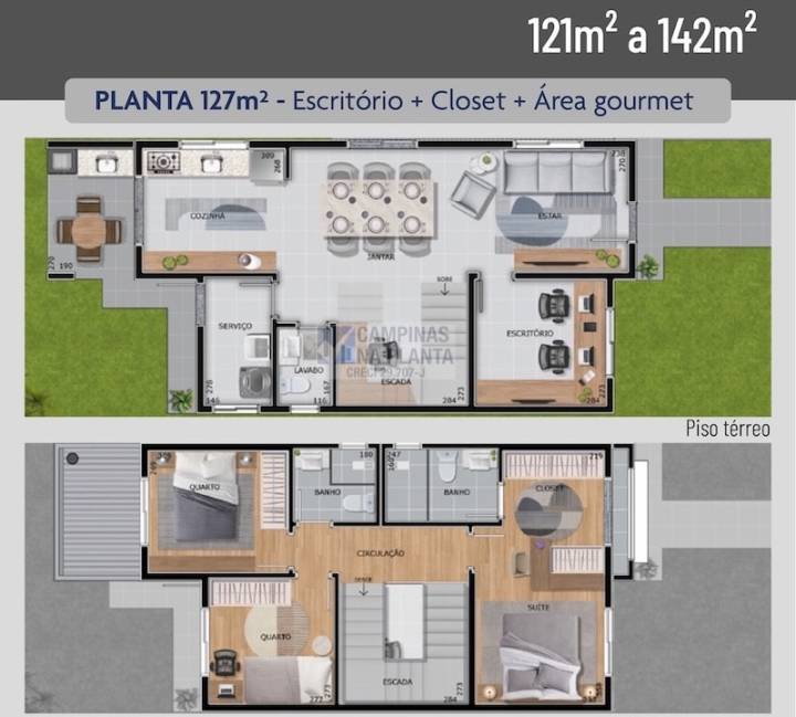 121m² a 142m² 2 quartos mais 1 suite com closet mais escritorio