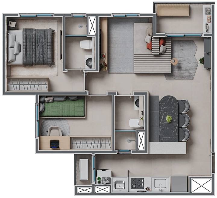 Planta de 60m² com sala estendida no Residencial San Pietro