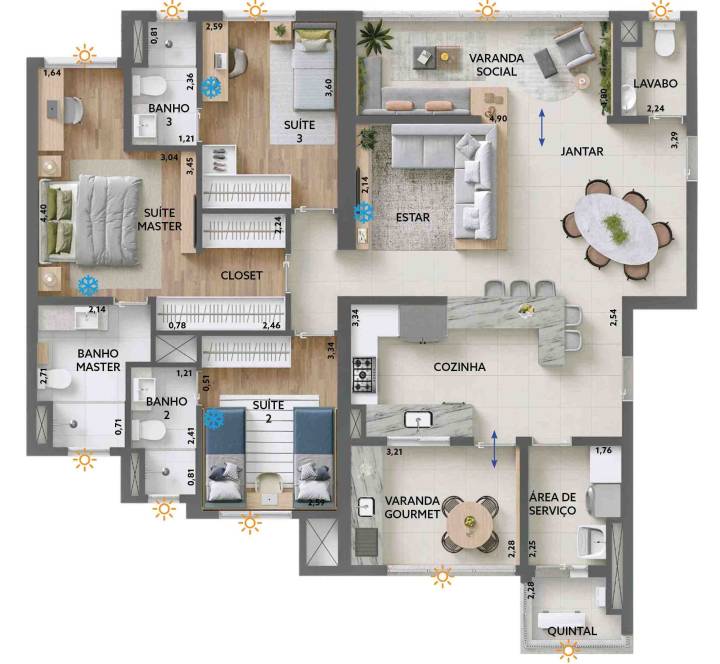 Planta tipo 3 suítes do lançamento Mistral Norte Sul