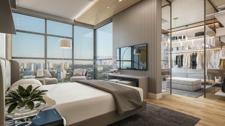 pespectiva preliminar respresentando uma das suítes com sugestão de decoração dos apartamentos na planta do Essential Cambuí da Plaenge