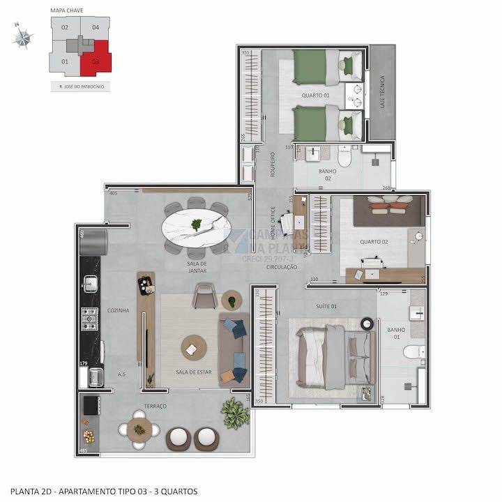 praca guanabara planta humanizada apartamento tipo 3 quartos