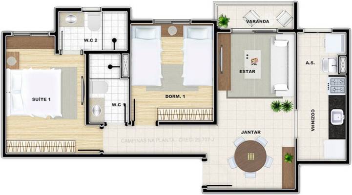 vivere residence campinas planta de 56m² de meio