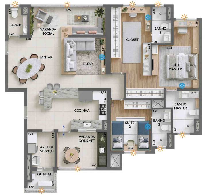 Planta 3 suítes do apartamento decorado do Mistral Norte Sul