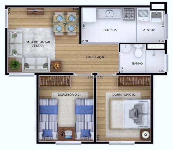 Cury Supercitta Residencial Planta de 44m² Imagem Ilustrativa
