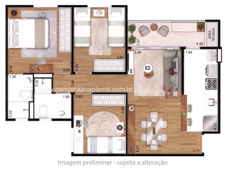 Planta de 3 domitórios do Reservatto Mansões Santo Antônio