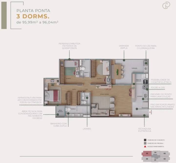 Planta do apartamento tipo de 96  m² do Casa Prado 