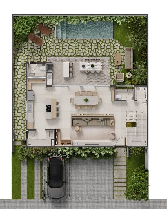 Planta do pavimento térreo da Casa Petra no condomínio Casa da Mata Gramado, um breve lançamento em Gramado, com casas na planta em Campinas.