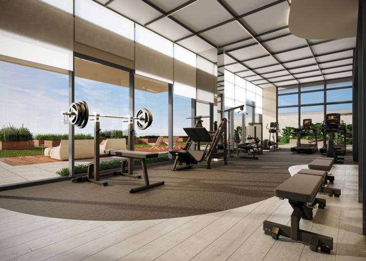 Espaço fitness externo do Avenida 105 com equipamentos.