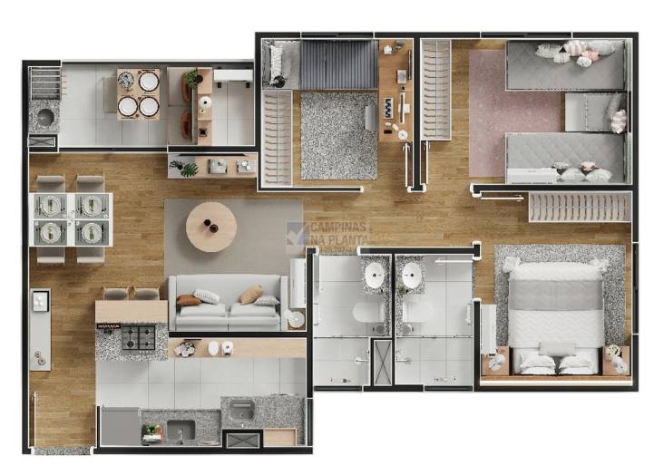 planta do apartamento tipo de 64m² com 3 quartos (sendo 1 suíte) do HM Maxi Campinas
