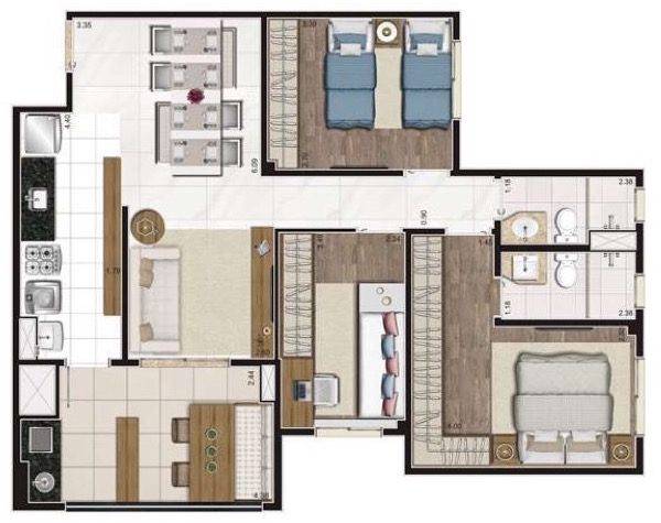 Planta humanizada de 83m² com 3 dormitórios (sendo 1 suíte)