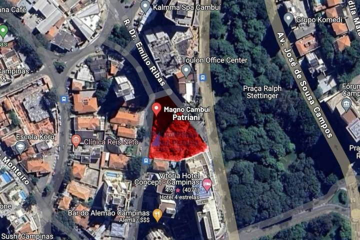 Print de tela do mapa mostrando a localização exata do terreno do Magno Patriani, ao lado do Hotel Vitória, no Cambuí, Campinas, SP