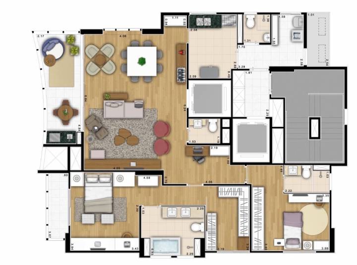 Planta humanizada de 2 suítes com closet