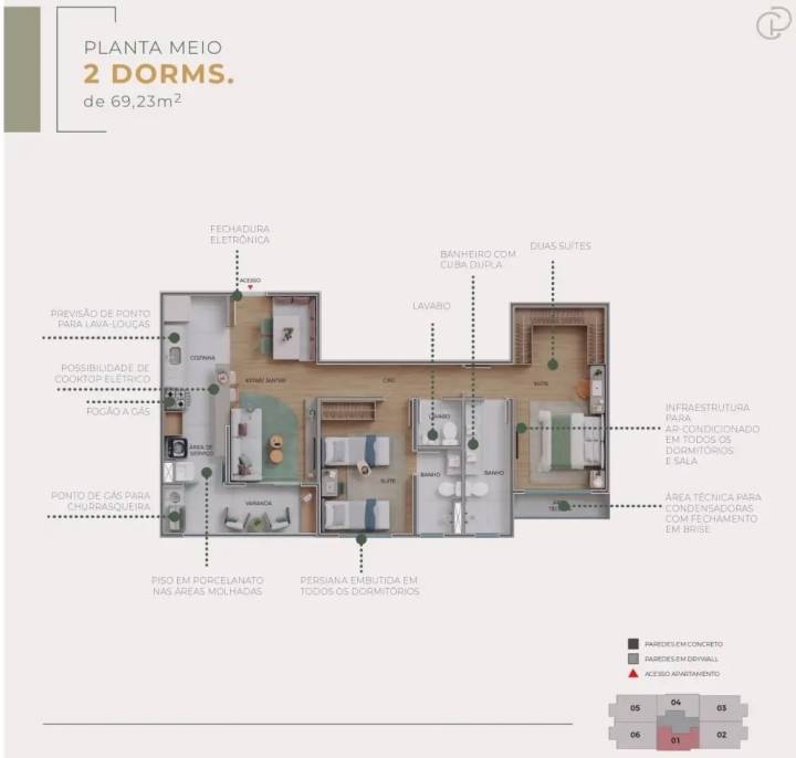Planta de 69  m² de 2 quartos do Casa Prado Residence 