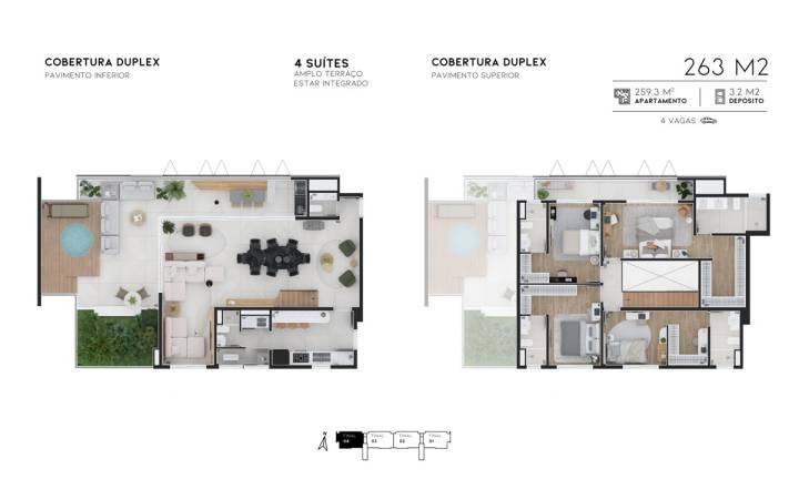 Planta tipo cobertura duplex avenida 105 do Avenida 105 com 259 m² e 4 suítes