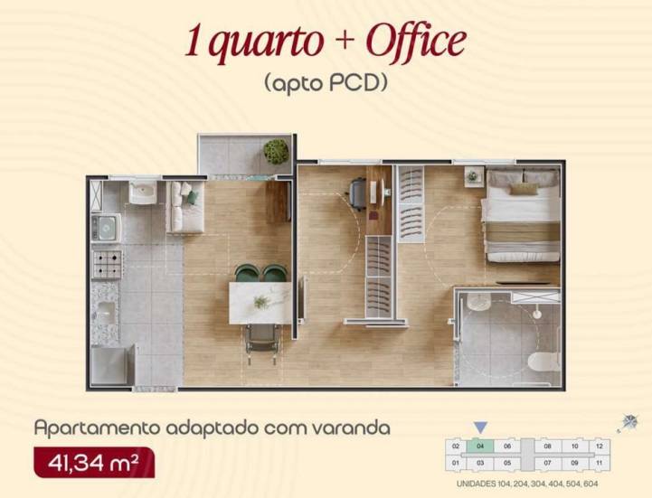 Planta de apartamento adaptado com um quarto, office e varanda