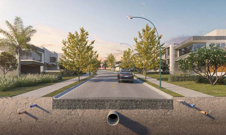 corte mostrando a infraestrutura subterrânea do loteamento