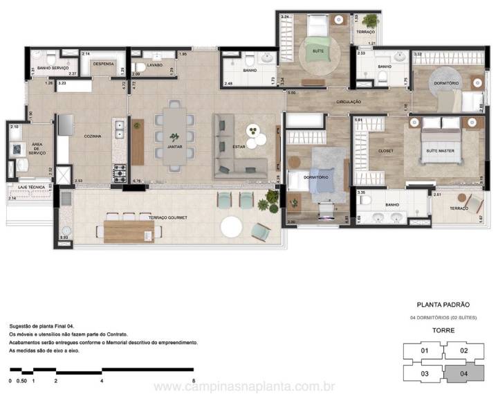 Planta tipo humanizada dos apartamentos de 177m² Uniqueness Cambui
