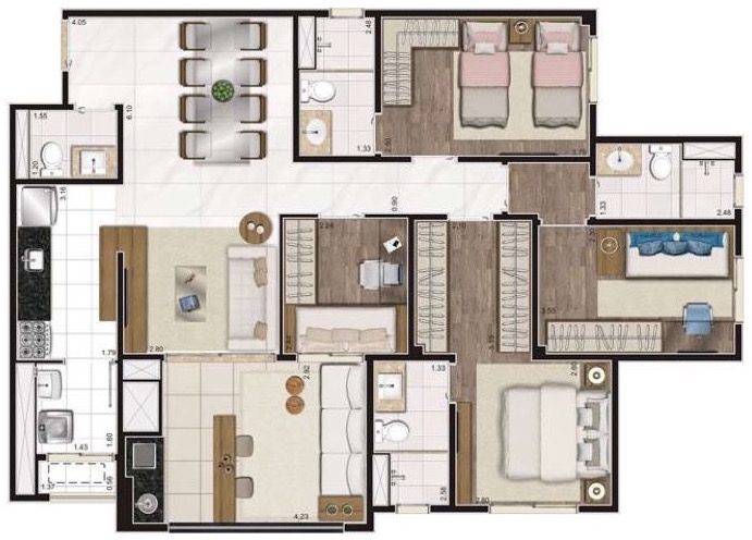 Planta humanizada de 106m² com 4 dormitórios (sendo 2 suítes)