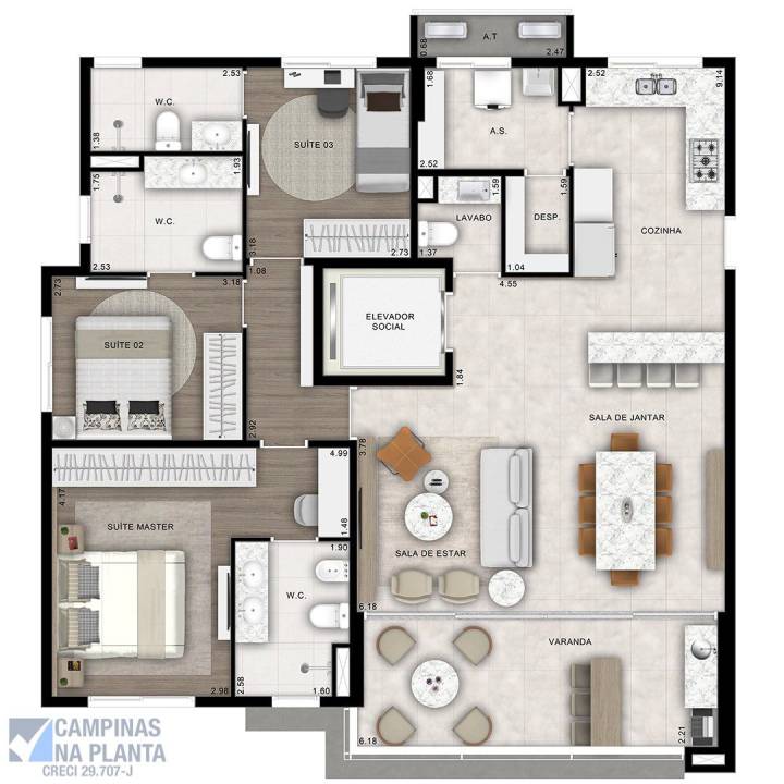 Planta opção de 129m² com despensa