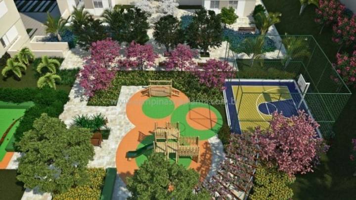 Perspectiva ilustrada da vista aérea da área de lazer do América Rediencial