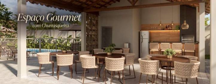 No Alto Elíseos 74 tem espaço gourmet coberto com churrasqueira, mesas e vista para a piscina