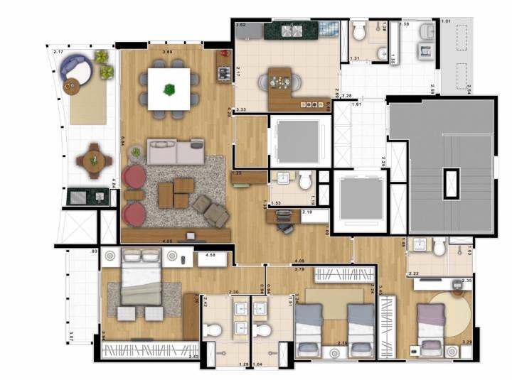 Planta humanizada de 3 suítes com hall privativo