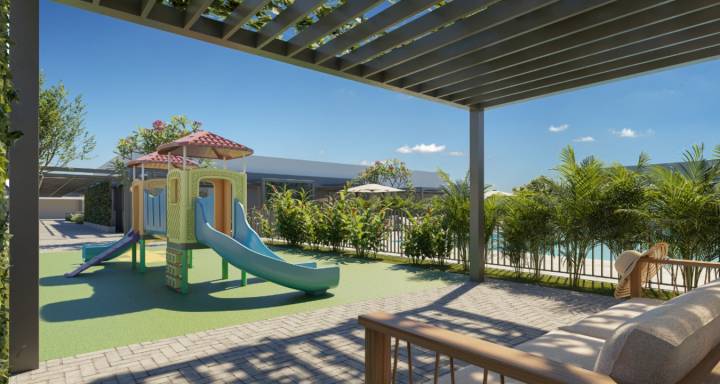 Playground do Brisas Bella Città com brinquedos seguros e área arborizada.