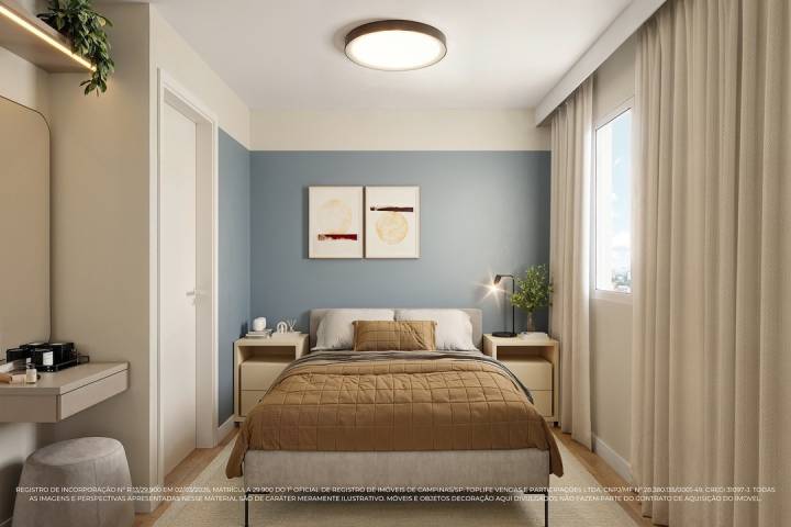 Perspectiva ilustrada da siíte com sugestão de decoração