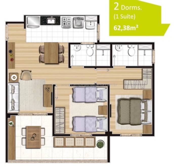 Planta de 62m² com 2 dormitórios (sendo 1 suíte)