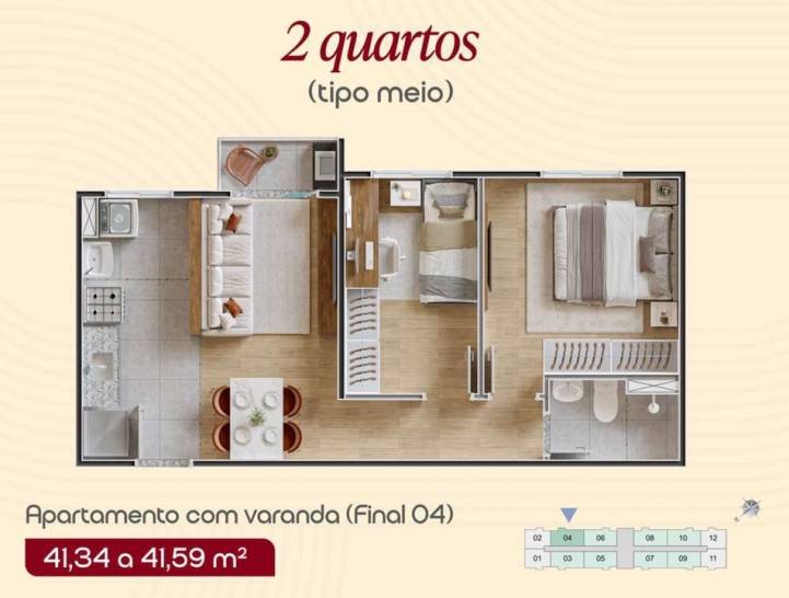 Planta de apartamento com dois quartos, varanda