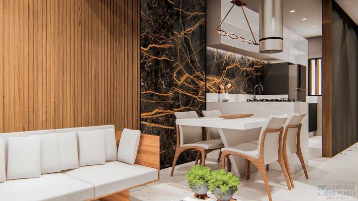 green view perspectiva ilustrada com sugestão de decoração da integração da sala com a cozinha