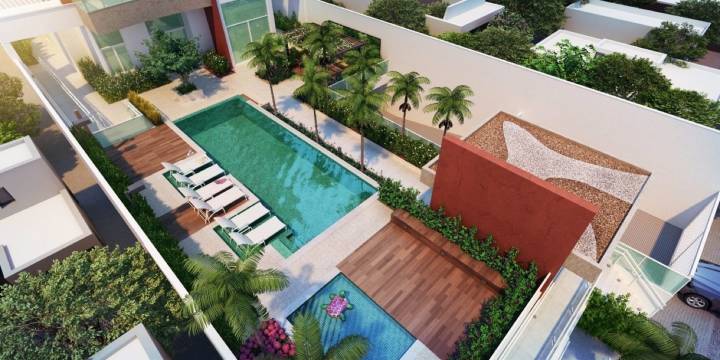 Perspectiva ilustrada da área de lazer do condomínio