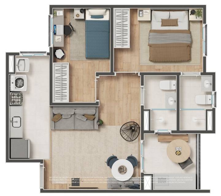 Planta de 2 quartos com suíte e varanda do TopLife nova campinas 