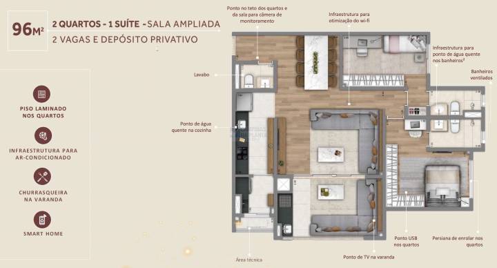 Living Grand Wish Nova Campinas Planta 96 M2 2 Quartos 1 Suite Sala Ampliada