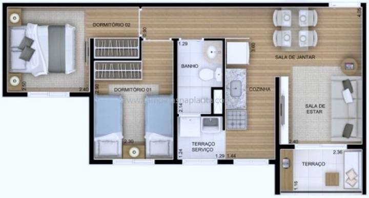 Planta humanizada do apartamento de 48m² com 2 dormitórios