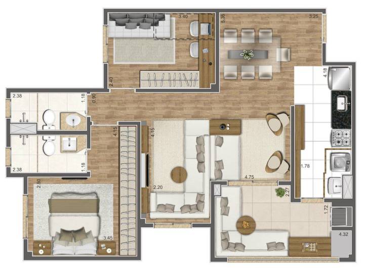 Planta 75m² Sala Ampliada do Living Elegance