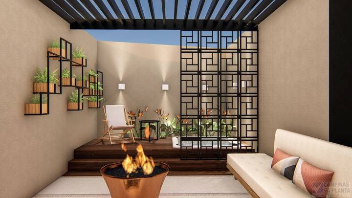 perspectiva ilustrada com sugestão de decoração do quintal das casas na planta do green view