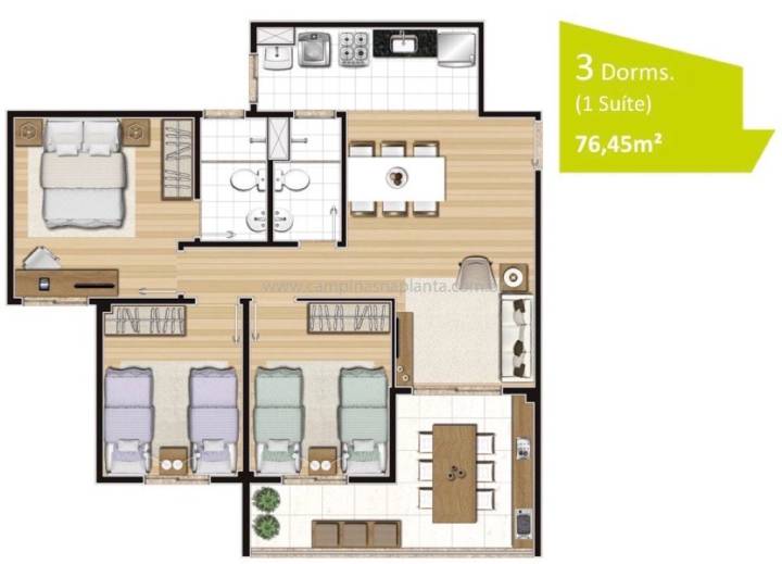 Planta padrão de 76m² com 3 dormitórios (sendo 1 suíte)