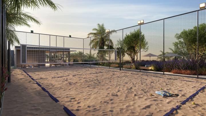 Quadra de beach tennis no condomínio Casa da Mata Gramado, um novo lançamento de casas na planta em Campinas.