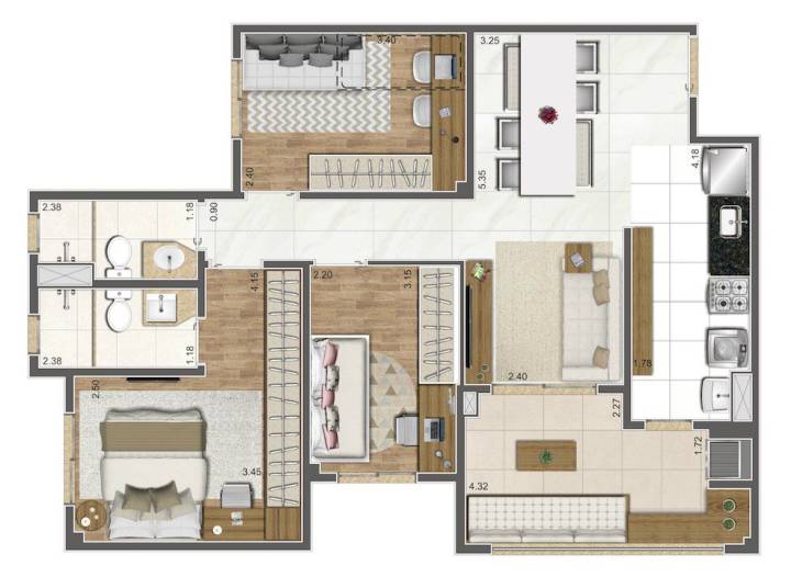 Planta 75m² do Living Elegance