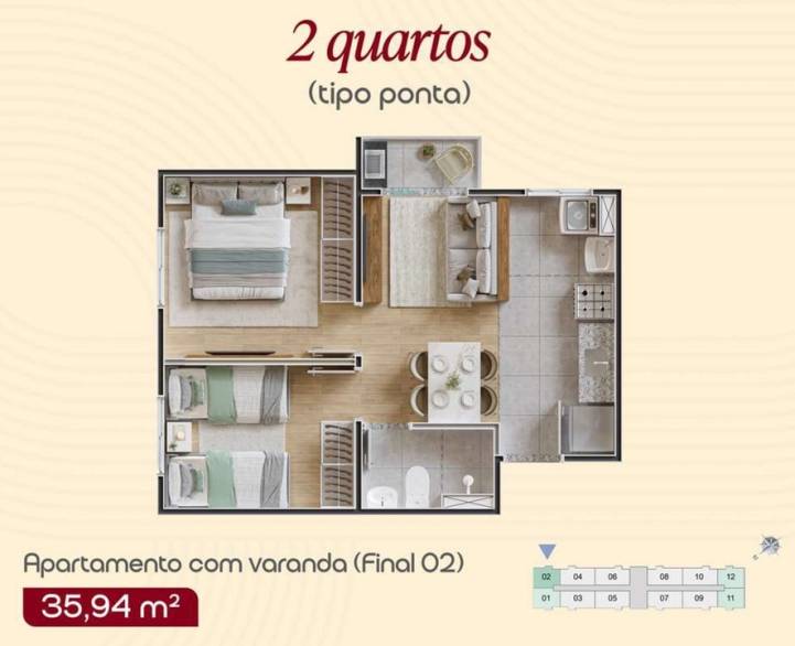 Planta de apartamento do Alto Elíseos 74  com dois quartos, varanda